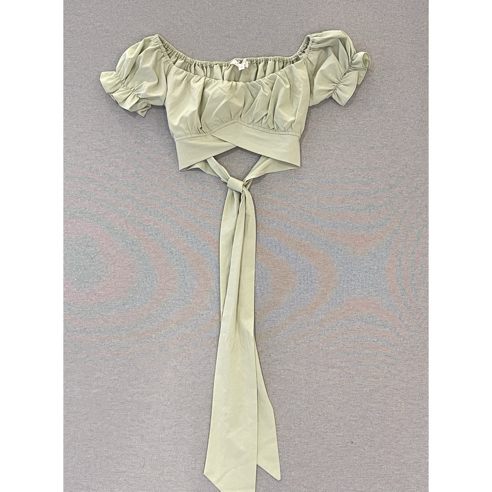 Sage Green Wrap Tie Crop Top‎ Off Shoulder Puff Sleeve Sweet Gene Small